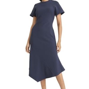 Women's Elegant Midi Asymmetrical Hemline-Short Sleeve Fitted Bodice-Versatile Cocktail Dress