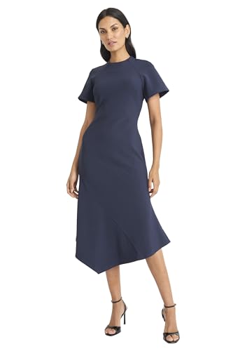 Women's Elegant Midi Asymmetrical Hemline-Short Sleeve Fitted Bodice-Versatile Cocktail Dress
