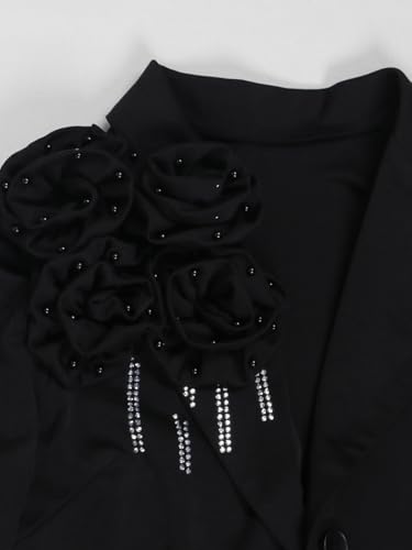 Women's 2 Piece Blazer Dress Set Formal Rhinestone 3D Flower Bodycon Midi Dress with Overcoat Business Suit Set