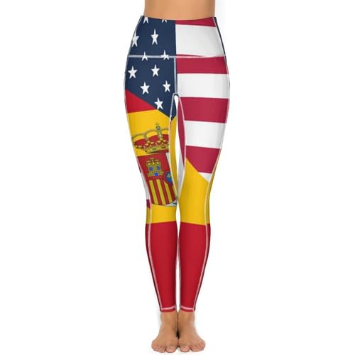 USA and Spain Flag Women's Yoga Pants Stretch Leggings with Pockets High Waist for Workout