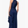 Women's Scuba Cross Neck Ruffle Floor Length Dress, Midnight, 12