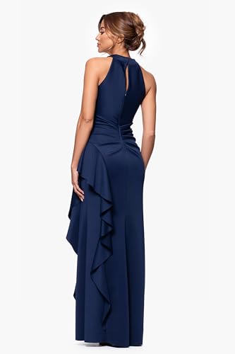Women's Scuba Cross Neck Ruffle Floor Length Dress, Midnight, 12
