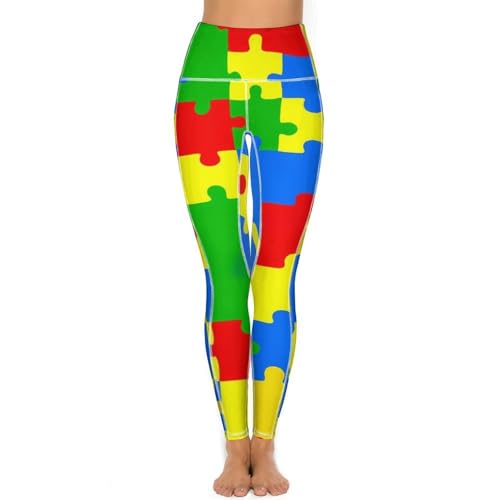 Colorful PuzzlePieces Autism Women's Yoga Pants Stretch Leggings with Pockets High Waist for Workout
