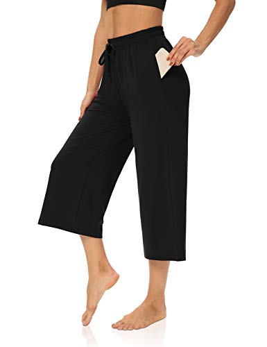 319aOptBG3L.jpg Womens Capri Pants Loose Yoga Pants Wide Leg Drawstring Comfy Lounge Pajama Capris Sweatpants with Pockets