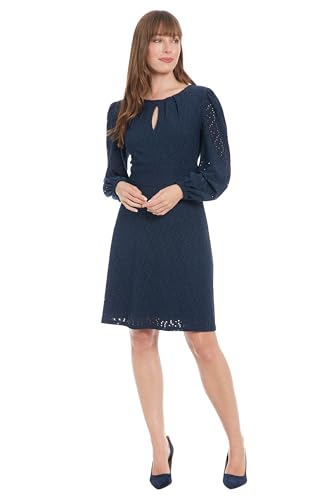 Women's Elegant Eyelet Knee-Length Long Bishop Sleeves-Cinched Waist-Keyhole Neckline-Versatile Cocktail Dress