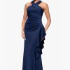 Women's Scuba Cross Neck Ruffle Floor Length Dress, Midnight, 12
