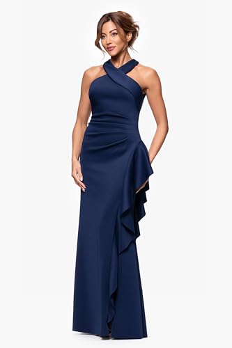 Women's Scuba Cross Neck Ruffle Floor Length Dress, Midnight, 12