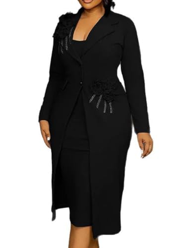 Women's 2 Piece Blazer Dress Set Formal Rhinestone 3D Flower Bodycon Midi Dress with Overcoat Business Suit Set