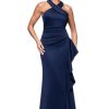 Women's Scuba Cross Neck Ruffle Floor Length Dress, Midnight, 12