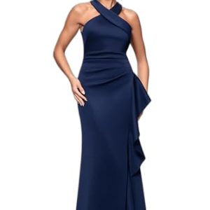 Women's Scuba Cross Neck Ruffle Floor Length Dress, Midnight, 12