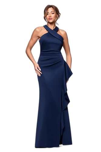 Women's Scuba Cross Neck Ruffle Floor Length Dress, Midnight, 12