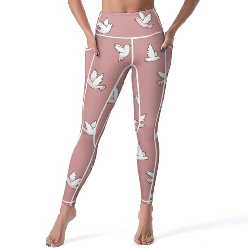 White Doves Flying Birds Women's Yoga Pants Stretch Leggings with Pockets High Waist for Workout