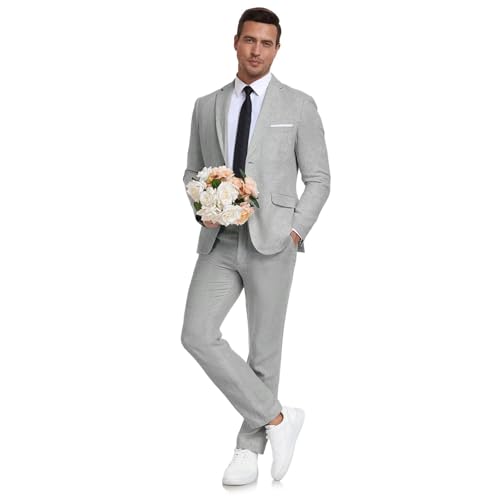 Men's Linen Suit 2 Piece Slim Fit Summer Beach Wedding Dress Tux Prom Suit Blazer Jacket and Pants
