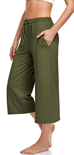 Womens Capri Yoga Pants Summer Wide Leg Loose Casual Cropped Lounge Drawstring Pajama Capris Sweatpants with Pockets