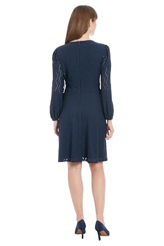 Women's Elegant Eyelet Knee-Length Long Bishop Sleeves-Cinched Waist-Keyhole Neckline-Versatile Cocktail Dress