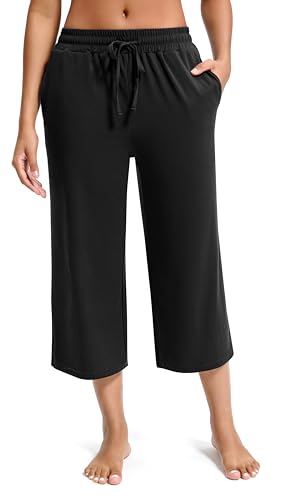 31Y0IfpCZ3L.jpg Wide Leg Capri Pants for Women Loose Yoga Pants Drawstring Comfy Lounge Sweatpants with Pockets