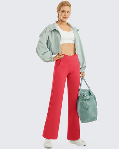 Wide Leg Pants for Women Loose Comfy Yoga Pants with Pockets Cross High Waist Casual Lounge Pants(Red,S,31")