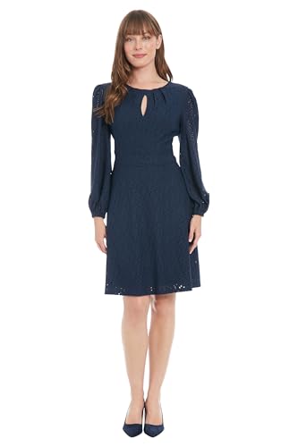 Women's Elegant Eyelet Knee-Length Long Bishop Sleeves-Cinched Waist-Keyhole Neckline-Versatile Cocktail Dress