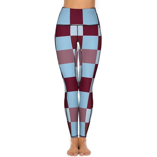 31kbOHAKf2L.jpg Brown and Blue Checkered Women's Yoga Pants Stretch Leggings with Pockets High Waist for Workout