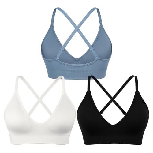 V-Neck Sports Bra for Women Adjustable Strappy Yoga Bra Spaghetti Strap Padded Workout Bra S-XL Low Impact Seamless Bralettes