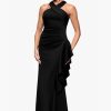 Women's Short Scuba Off-The-Shoulder Ruffle Midi Dress with Center Back Zipper