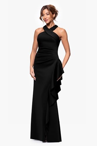 Women's Short Scuba Off-The-Shoulder Ruffle Midi Dress with Center Back Zipper
