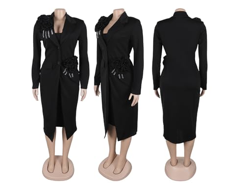 Women's 2 Piece Blazer Dress Set Formal Rhinestone 3D Flower Bodycon Midi Dress with Overcoat Business Suit Set