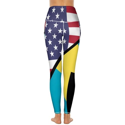 USA and Bahamas Flag Women's Yoga Pants Stretch Leggings with Pockets High Waist for Workout