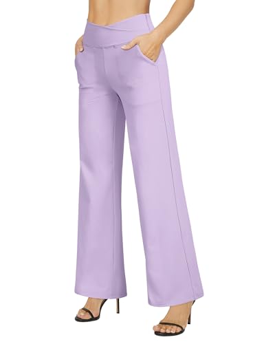 Wide Leg Pants for Women Loose Comfy Yoga Pants with Pockets Cross High Waist Casual Lounge Pants(Lavender,S,31")