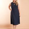 Women's Dresses Sleeveless Fit and Flare Dress with Pleat Tucks and Keyhole Detail at Neck