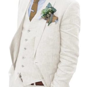 Retro Linen Men Suit Beach Wedding Suit Summer Slim Fit 3 Pieces Light Weight Linen Suit Jacket Vest Pant Tuxedo