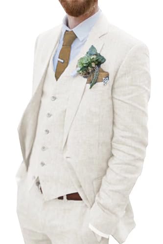 Retro Linen Men Suit Beach Wedding Suit Summer Slim Fit 3 Pieces Light Weight Linen Suit Jacket Vest Pant Tuxedo