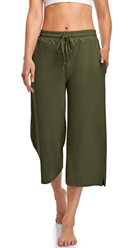 Womens Capri Yoga Pants Summer Wide Leg Loose Casual Cropped Lounge Drawstring Pajama Capris Sweatpants with Pockets