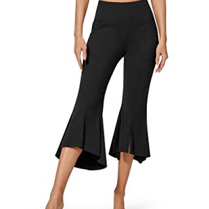 Capri Pants for Women Stretch Yoga Dress Pants with Pockets Ruffle Bell Bottom Athletic Work Leggings