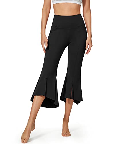 Capri Pants for Women Stretch Yoga Dress Pants with Pockets Ruffle Bell Bottom Athletic Work Leggings