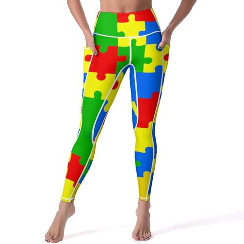 Colorful PuzzlePieces Autism Women's Yoga Pants Stretch Leggings with Pockets High Waist for Workout
