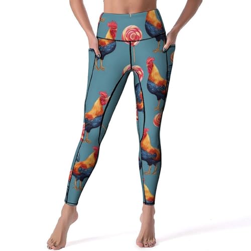 Roosters and Lollipops Women's Yoga Pants Stretch Leggings with Pockets High Waist for Workout