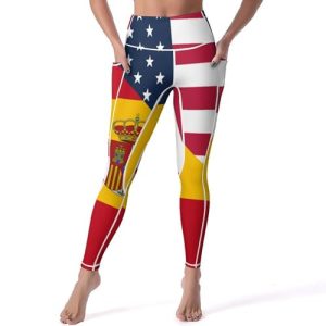 USA and Spain Flag Women's Yoga Pants Stretch Leggings with Pockets High Waist for Workout