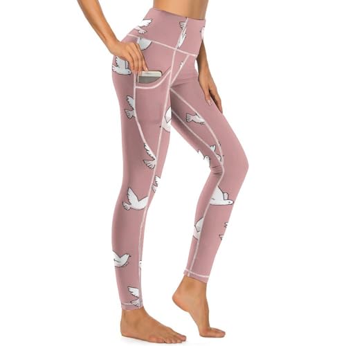 White Doves Flying Birds Women's Yoga Pants Stretch Leggings with Pockets High Waist for Workout