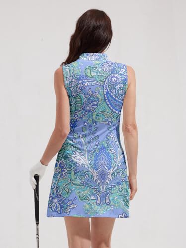 Tennis Dresses for Women with 2 Pockets Sleeveless Womens Golf Dress Quarter Zip Stand Collar Printed Athletic Dress