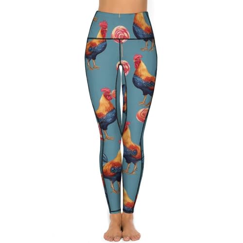 Roosters and Lollipops Women's Yoga Pants Stretch Leggings with Pockets High Waist for Workout