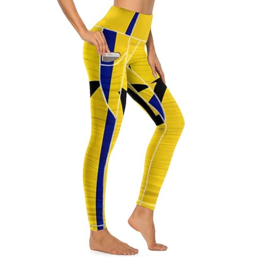 Wooden Barbados Flag Women's Yoga Pants Stretch Leggings with Pockets High Waist for Workout