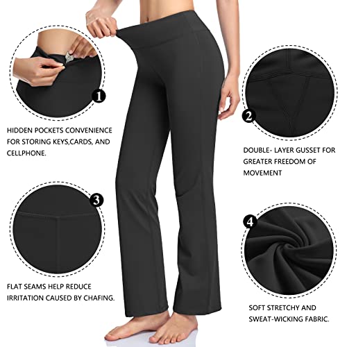 Inner Pocket Yoga Pants 4 Way Stretch Tummy Control Workout Running Pants, Long Bootleg Flare Pants