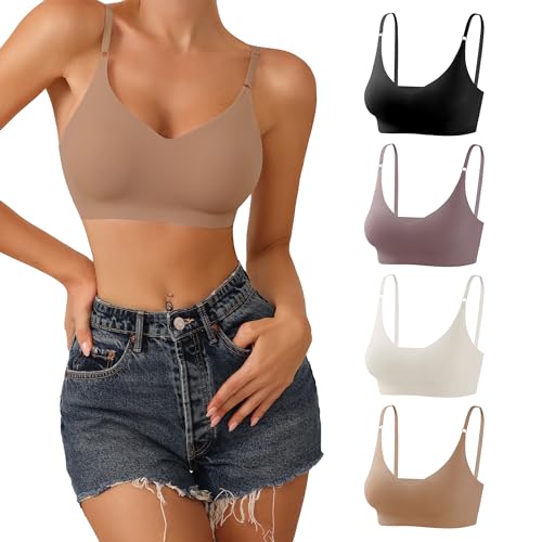 V Neck Bra Padded Seamless Adjustable Straps Bralettes Everyday Basic Sleeping Bras Multiple Pack