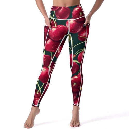 Fresh Cherry Fruits Women's Yoga Pants Stretch Leggings with Pockets High Waist for Workout