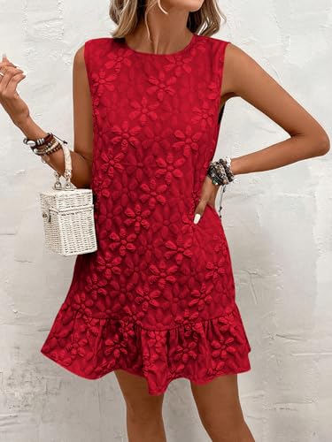 Women's Ruffle Hem Sleeveless Tank Dress Round Neck Casual Jacquard Hem Smock Summer Mini Dresses