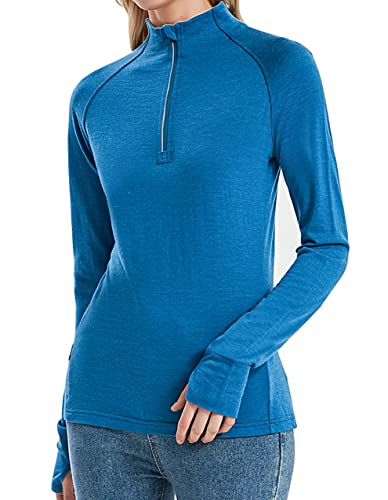Womens 100% Merino Wool Base Layer Top 220 Midweight Zip Neck Tops for Ski