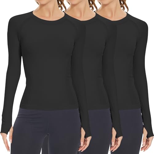 Long Sleeve Workout Tops for Women, Seamless Yoga Running Tops Breathable Athletic Shirts 3 Pack