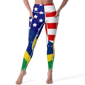 Brazil US Flag Women's Yoga Pants Stretch Leggings with Pockets High Waist for Workout