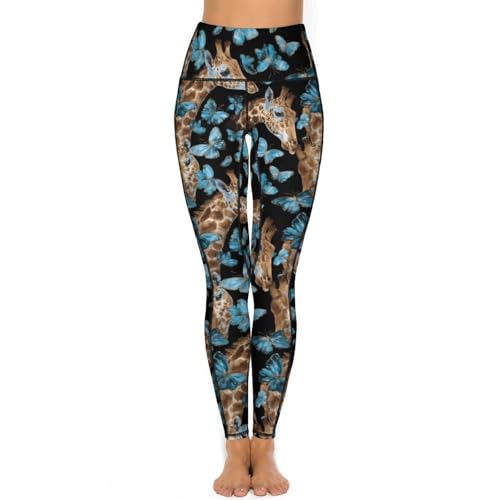 Giraffes and Butterfly Women's Yoga Pants Stretch Leggings with Pockets High Waist for Workout